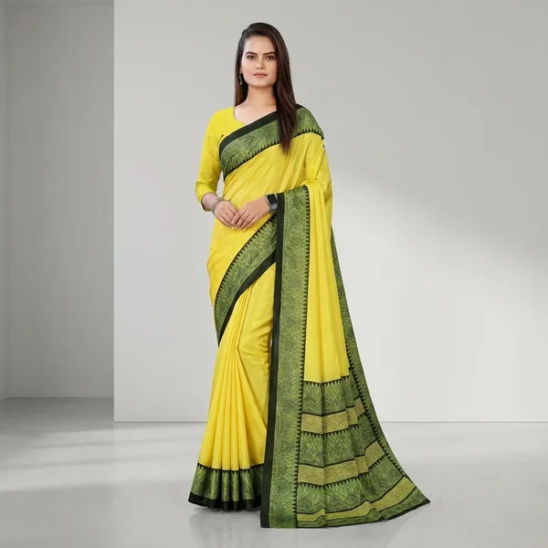 Yellow_And_Green_Printed_Saree_With_Border_For_Women