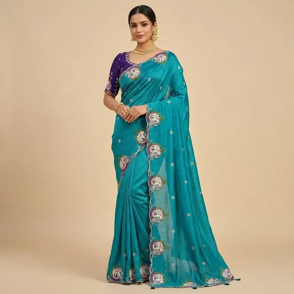 Turquoise_Turquoise_Embroidered_Saree_With_Blouse_Elephant_Motif_Design_For_Women