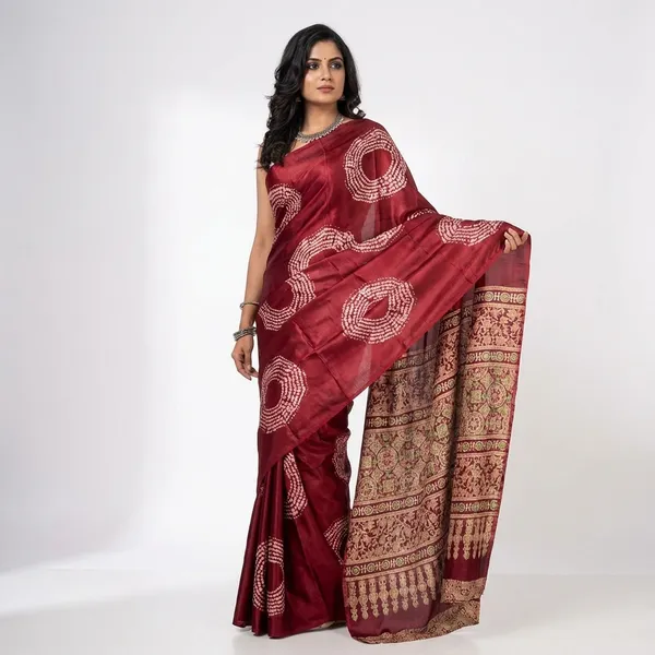 Maroon_Bandhani_Silk_Saree_With_Zari_Border_For_Women