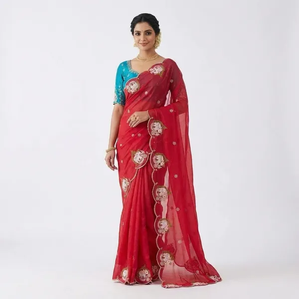 Red_Elegant_Saree_With_Embroidered_Floral_Motifs_And_Contrast_Blouse_For_Women