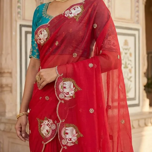 Red_Elegant_Saree_With_Embroidered_Floral_Motifs_And_Contrast_Blouse_For_Women