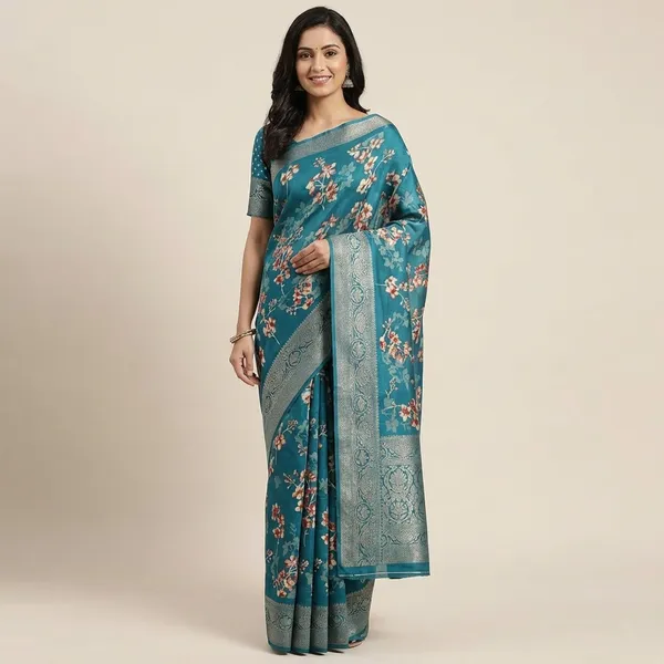 Teal_Blue_Floral_Print_Saree_With_Border_For_Women