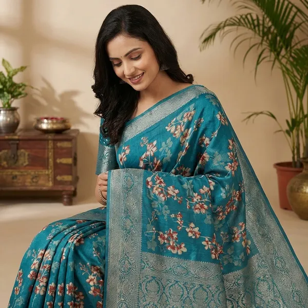 Teal_Blue_Floral_Print_Saree_With_Border_For_Women