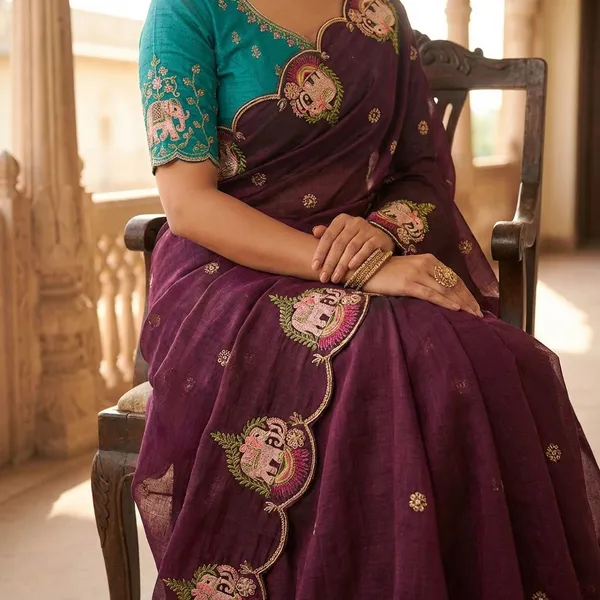 Wine_Purple_Wine_Silk_Saree_With_Elephant_Motif_Border_For_Women