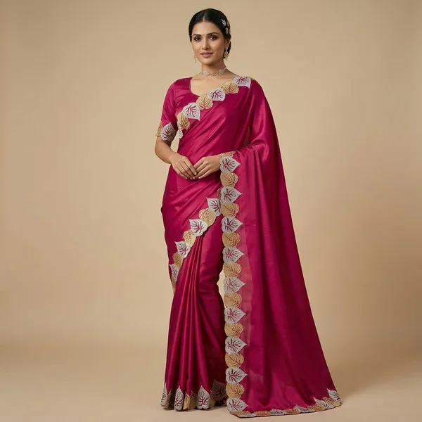 Magenta_Embroidered_Satin_Silk_Saree_With_Leaf_Border_For_Women