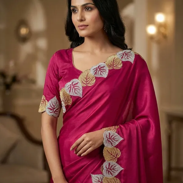 Magenta_Embroidered_Satin_Silk_Saree_With_Leaf_Border_For_Women
