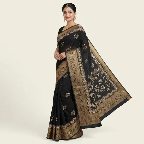 Black_Banarasi_Silk_Saree_With_Zari_Border_And_Embroidered_Blouse_For_Women