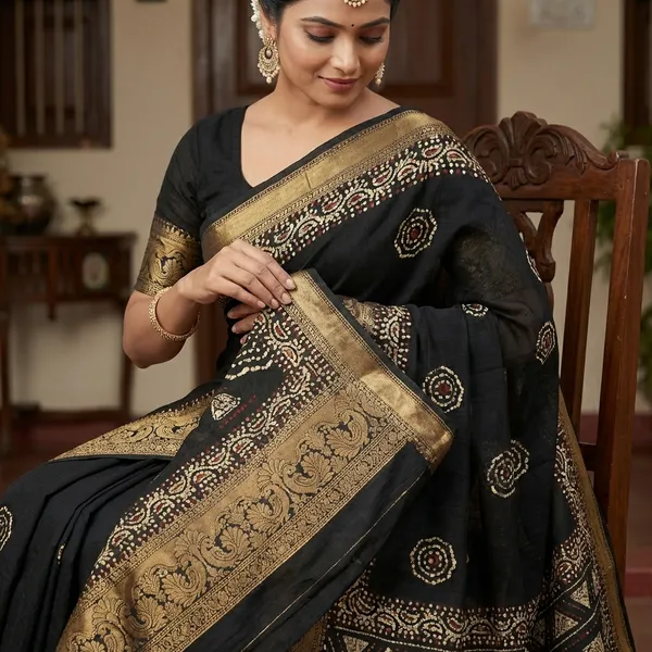 Black_Banarasi_Silk_Saree_With_Zari_Border_And_Embroidered_Blouse_For_Women