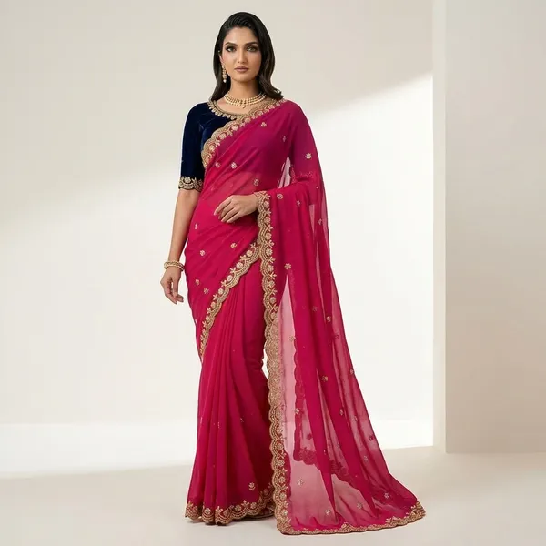 Magenta_Pink_Embroidered_Saree_With_Blouse_For_Women