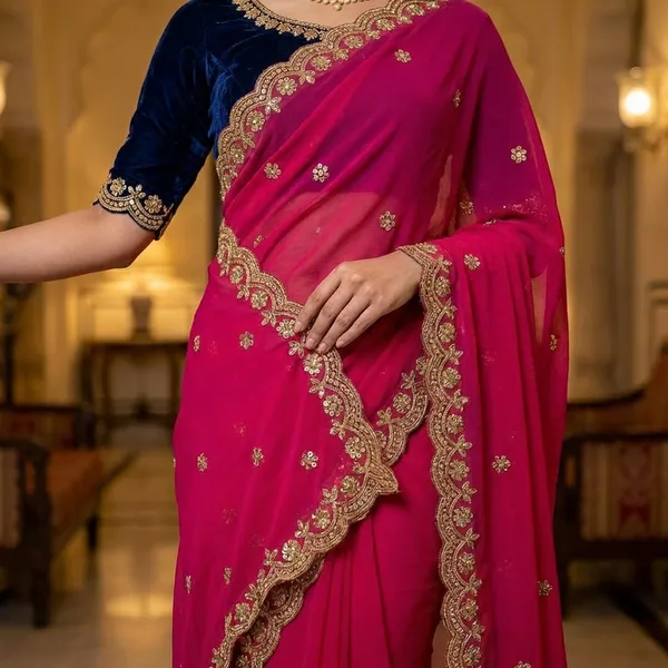 Magenta_Pink_Embroidered_Saree_With_Blouse_For_Women