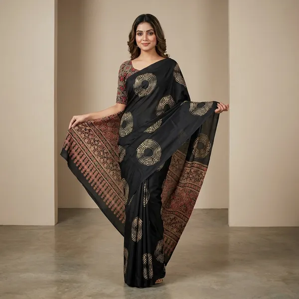 Black_Elegant_Bandhani_Print_Saree_With_Embellished_Border_For_Women