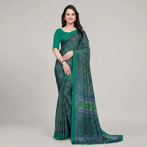 Green_Printed_Saree_With_Solid_Blouse_For_Women