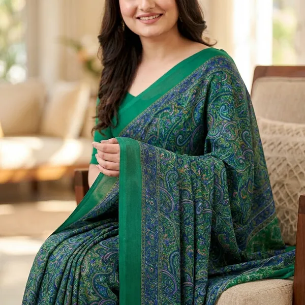 Green_Printed_Saree_With_Solid_Blouse_For_Women