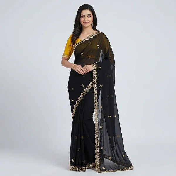 Black_Embroidered_Georgette_Saree_With_Blouse_For_Women