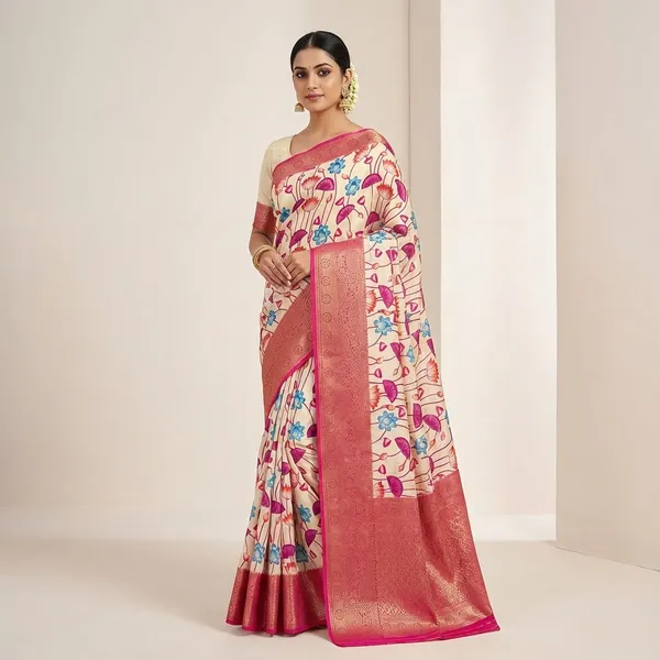 Cream_With_Pink_Border_Floral_Print_Banarasi_Silk_Saree_With_Contrast_Border_For_Women