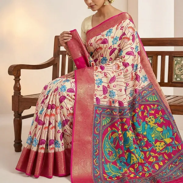 Cream_With_Pink_Border_Floral_Print_Banarasi_Silk_Saree_With_Contrast_Border_For_Women