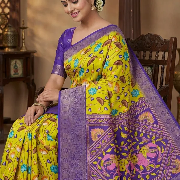 Yellow_With_Purple_Border_Floral_Paithani_Silk_Saree_With_Border_For_Women