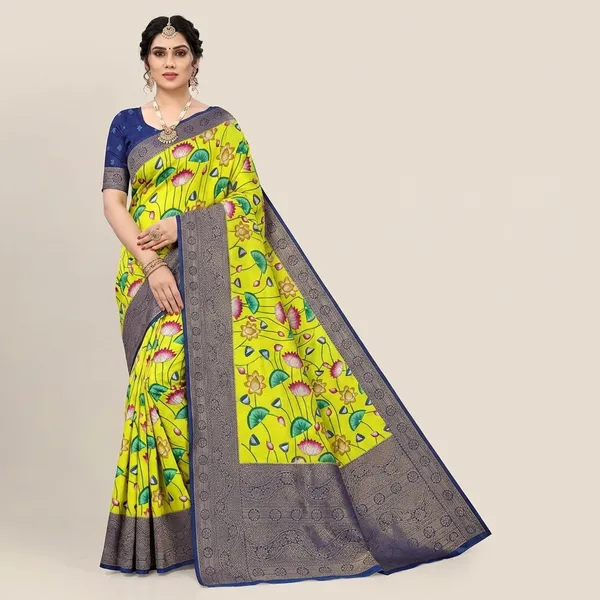 Yellow_With_Blue_Border_Vibrant_Lotus_Print_Banarasi_Silk_Saree_With_Contrast_Border_For_Women