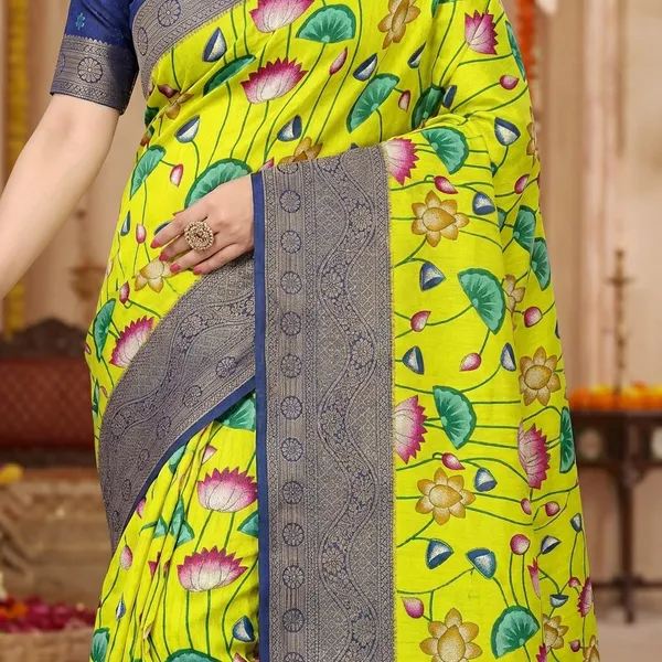 Yellow_With_Blue_Border_Vibrant_Lotus_Print_Banarasi_Silk_Saree_With_Contrast_Border_For_Women