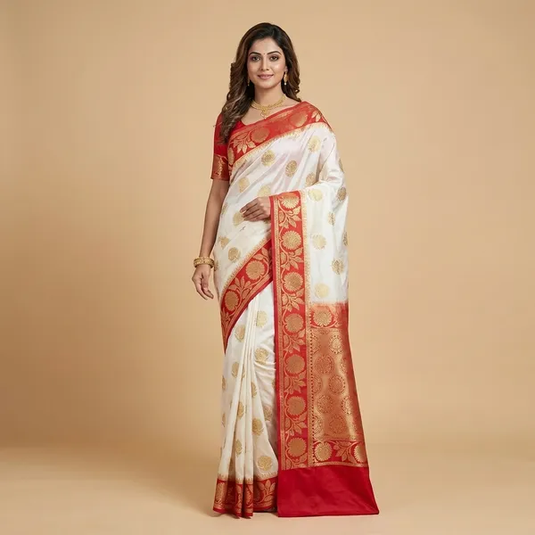 White_And_Red_And_Banarasi_Silk_Saree_With_Zari_Work_For_Women