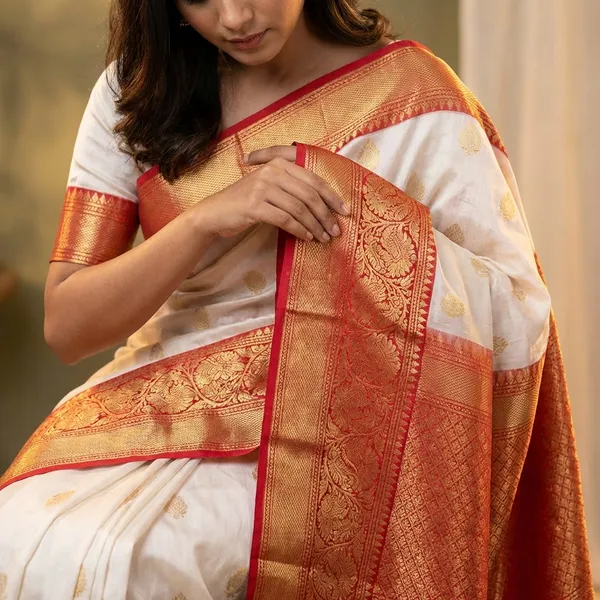 White_And_Red_And_Banarasi_Silk_Saree_With_Zari_Work_For_Women