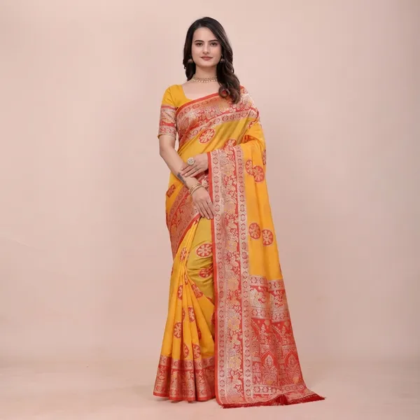 Yellow_With_Red_Border_Banarasi_Silk_Saree_With_Woven_Border_And_Brocade_Pallu_For_Women