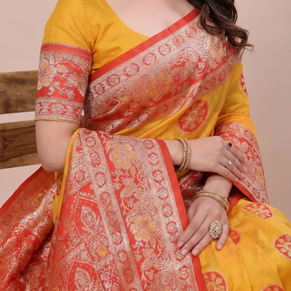 Yellow_With_Red_Border_Banarasi_Silk_Saree_With_Woven_Border_And_Brocade_Pallu_For_Women