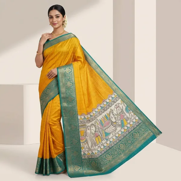 Mustard_Yellow_With_Teal_Blue_Border_Kalamkari_Print_Border_Silk_Saree_With_Border_For_Women