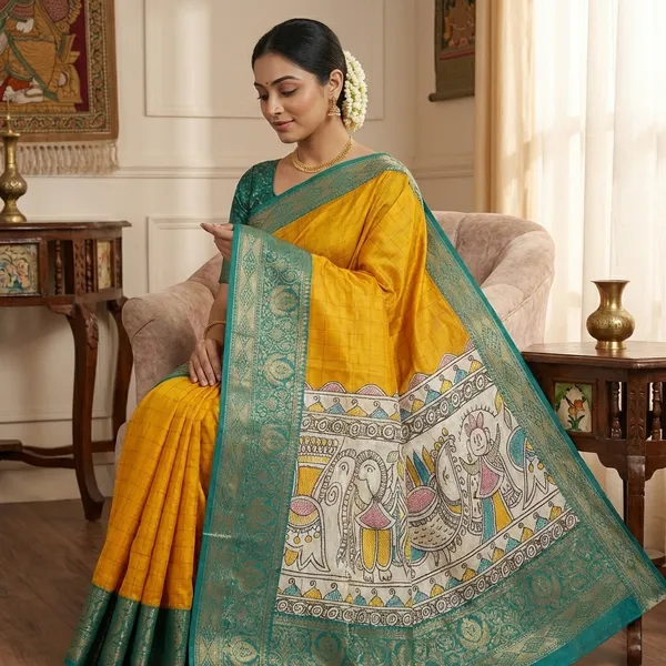 Mustard_Yellow_With_Teal_Blue_Border_Kalamkari_Print_Border_Silk_Saree_With_Border_For_Women