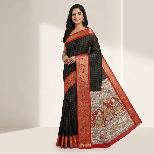 Black_With_Red_Border_Checkered_Kalamkari_Print_Saree_With_Border_For_Women
