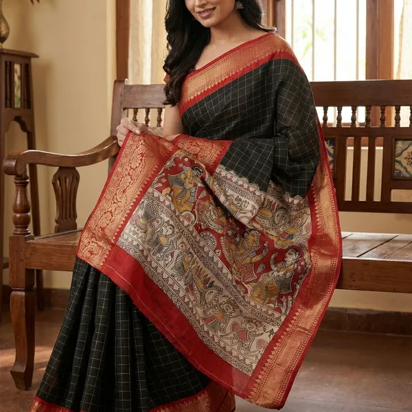 Black_With_Red_Border_Checkered_Kalamkari_Print_Saree_With_Border_For_Women