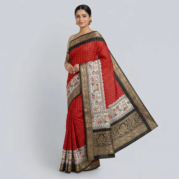Red_Checkered_Saree_With_Madhubani_Border_With_Blouse_Piece_For_Women
