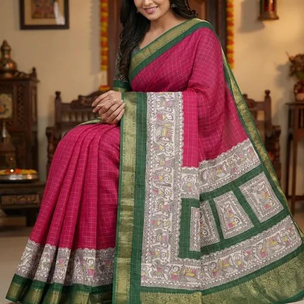 Magenta_Pink_Traditional_Saree_With_Kalamkari_Print_Border_And_Contrast_For_Women