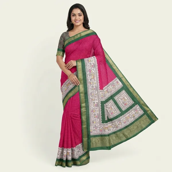 Magenta_Pink_Traditional_Saree_With_Kalamkari_Print_Border_And_Contrast_For_Women
