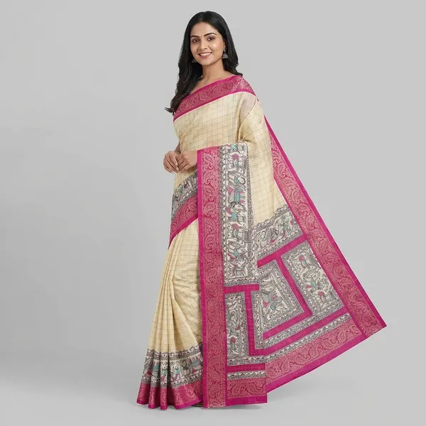 Cream_With_Pink_Border_Elegant_Cream_Silk_Saree_With_Zari_Border_And_Kalamkari_Pallu_For_Women