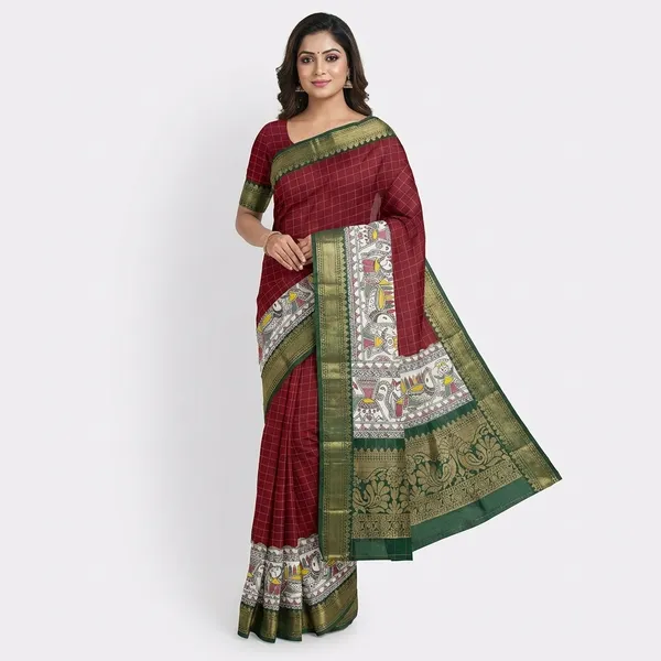 Maroon_Traditional_Kalamkari_Print_Cotton_Saree_With_Zari_Border_For_Women