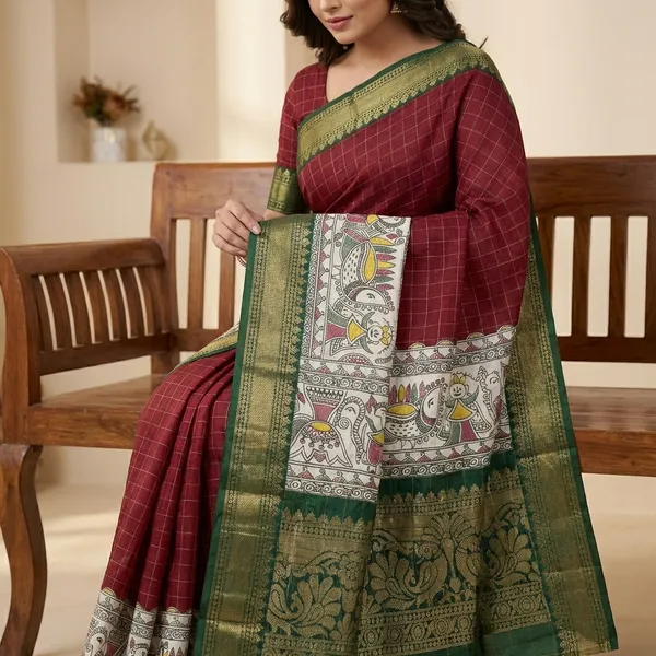 Maroon_Traditional_Kalamkari_Print_Cotton_Saree_With_Zari_Border_For_Women