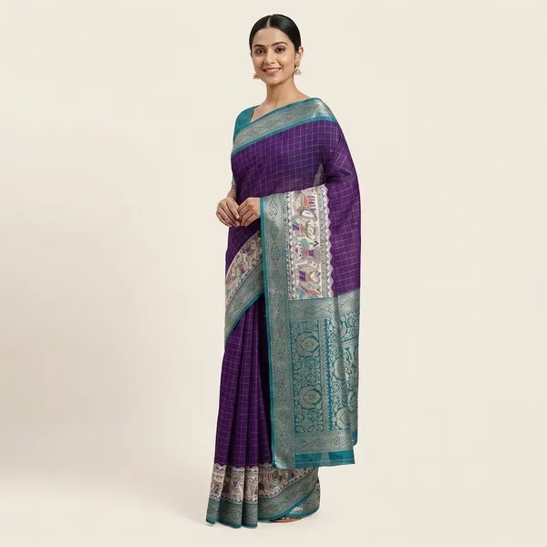 Purple_Traditional_Kanjivaram_Style_Silk_Saree_With_Zari_Border_And_Kalamkari_Pallu_For_Women