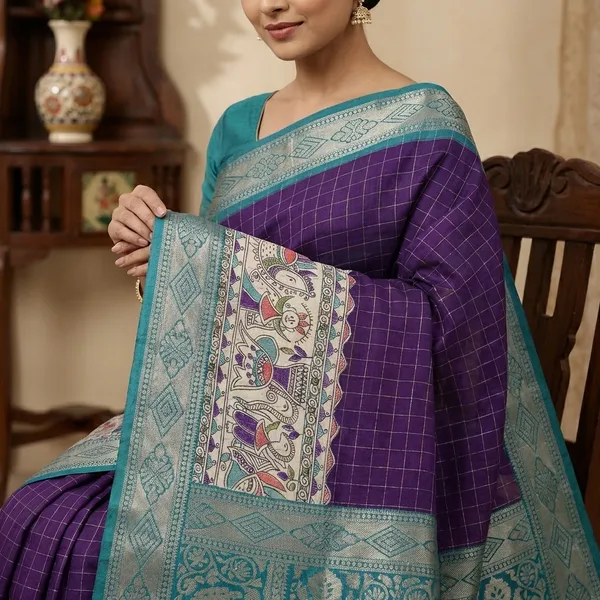 Purple_Traditional_Kanjivaram_Style_Silk_Saree_With_Zari_Border_And_Kalamkari_Pallu_For_Women