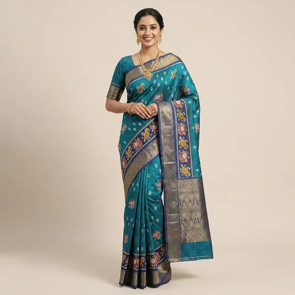 Teal_Blue_Traditional_Silk_Saree_With_Floral_Embroidery_And_Zari_Border_For_Women