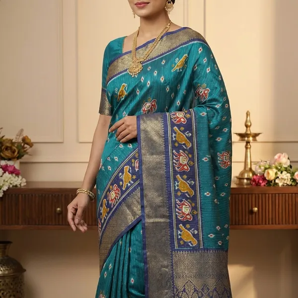 Teal_Blue_Traditional_Silk_Saree_With_Floral_Embroidery_And_Zari_Border_For_Women