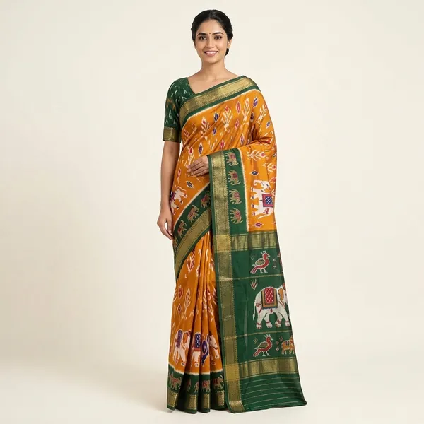Mustard_Yellow_With_Green_Border_Kanjivaram_Silk_Saree_With_Woven_Border_And_Elephant_Motifs_For_Women