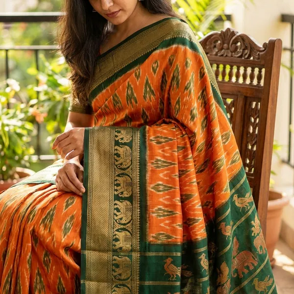 Mustard_Yellow_With_Green_Border_Kanjivaram_Silk_Saree_With_Woven_Border_And_Elephant_Motifs_For_Women