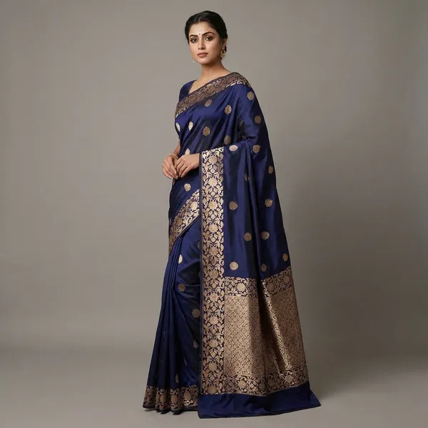 Navy_Blue_Embroidered_Saree_With_Beige_Border_And_Floral_Motifs_For_Women