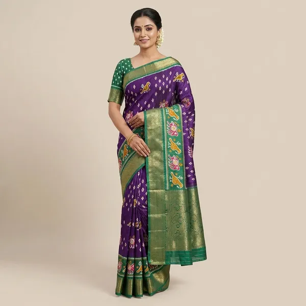 Purple_With_Green_Border_Ikat_Silk_Saree_With_Elephant_Motif_Border_For_Women