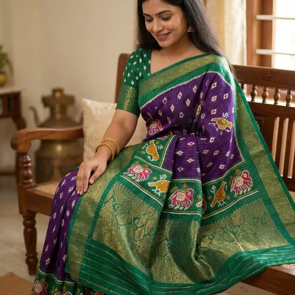 Purple_With_Green_Border_Ikat_Silk_Saree_With_Elephant_Motif_Border_For_Women
