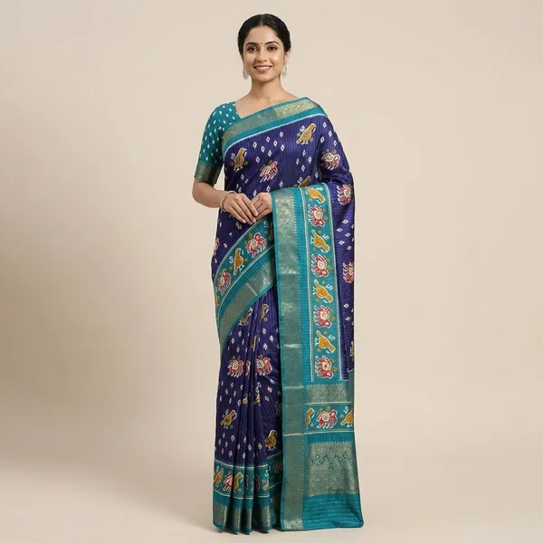 Navy_Blue_And_Teal_Ikkat_Silk_Saree_With_Elephant_Motif_And_Contrast_Border_For_Women