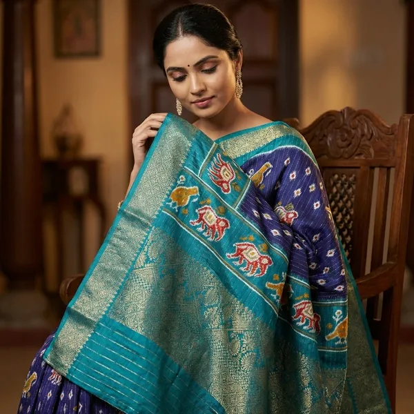 Navy_Blue_And_Teal_Ikkat_Silk_Saree_With_Elephant_Motif_And_Contrast_Border_For_Women