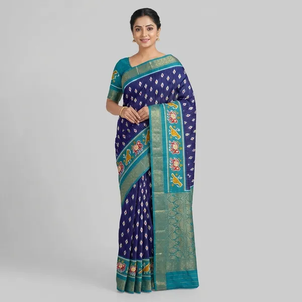 Purple_And_Green_Ikat_Silk_Saree_With_Elephant_Motif_Border_For_Women