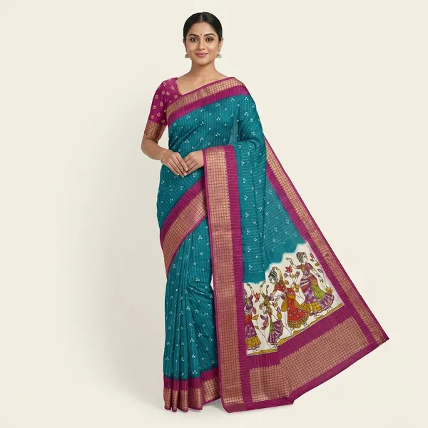 Teal_Blue_With_Magenta_Border_Ethnic_Kalamkari_Print_Cotton_Saree_With_Contrast_Border_For_Women